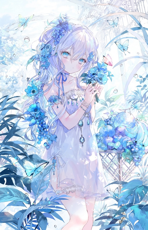 Girl with blue flowers and butterflies