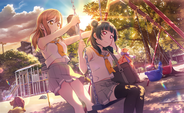 Love Live! Sunshine!! girls on swings at sunset