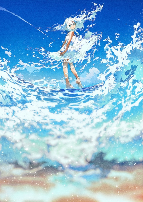 Girl standing in water with dress and waves
