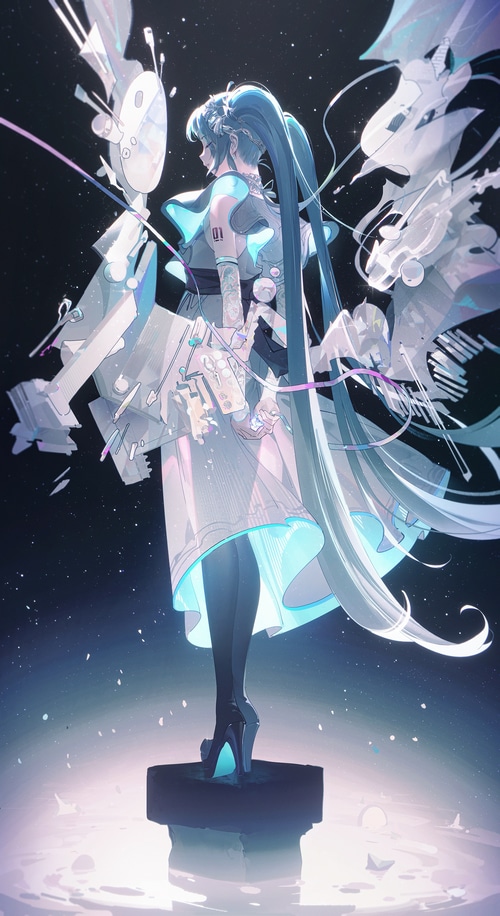 Hatsune Miku standing on a platform with abstract elements
