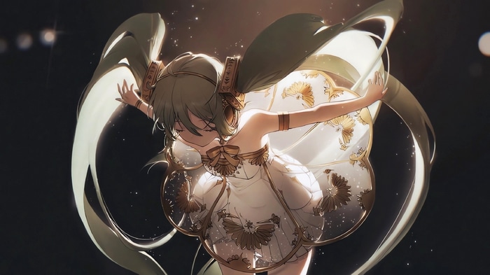 Hatsune Miku in a white and gold dress with twintails