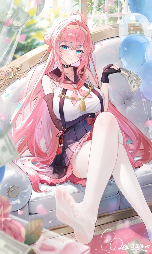 Girl in sailor uniform holding money with balloons and petals