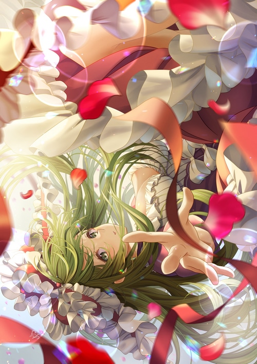 Kagiyama Hina surrounded by falling petals