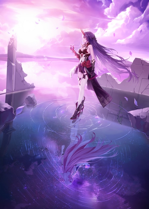Raiden Mei with horns and petals in reflection