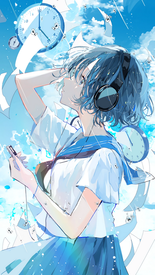 Anime schoolgirl with headphones and clocks in the sky