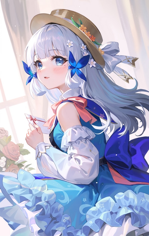 Kamisato Ayaka in a blue dress holding a letter