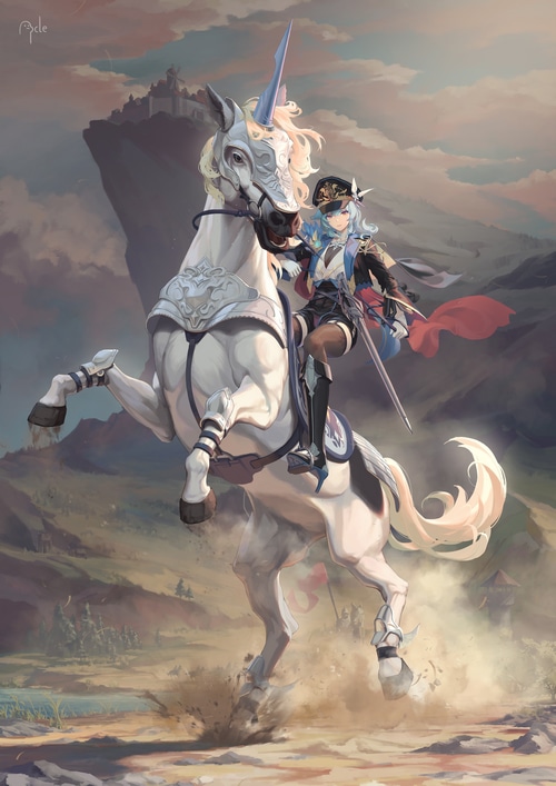 Eula Riding a Unicorn with a Castle in the Background