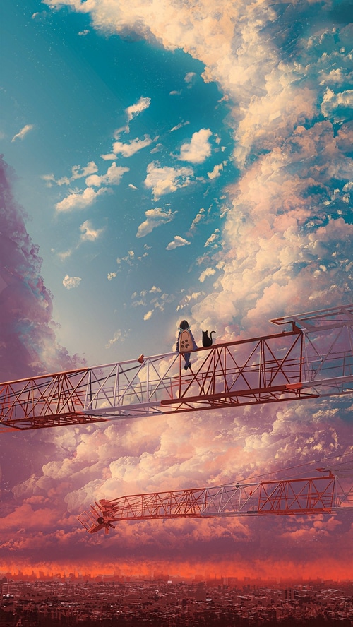 Girl and cat on a bridge with clouds and cityscape