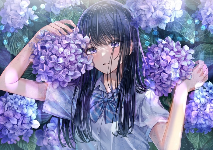 Schoolgirl with purple hydrangeas in sunlight