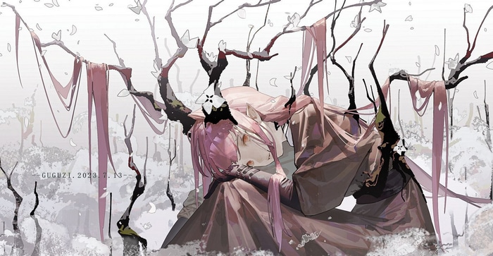 Anime girl with pink hair and antlers in a forest