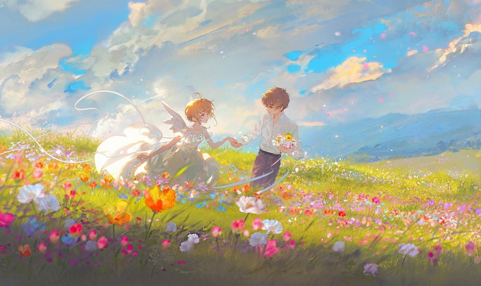 Cardcaptor Sakura couple in a flower field