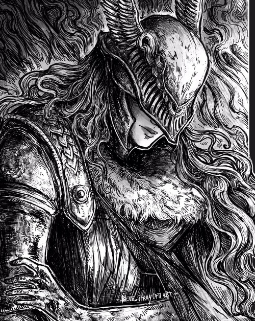 Malenia from Elden Ring, monochrome fantasy art