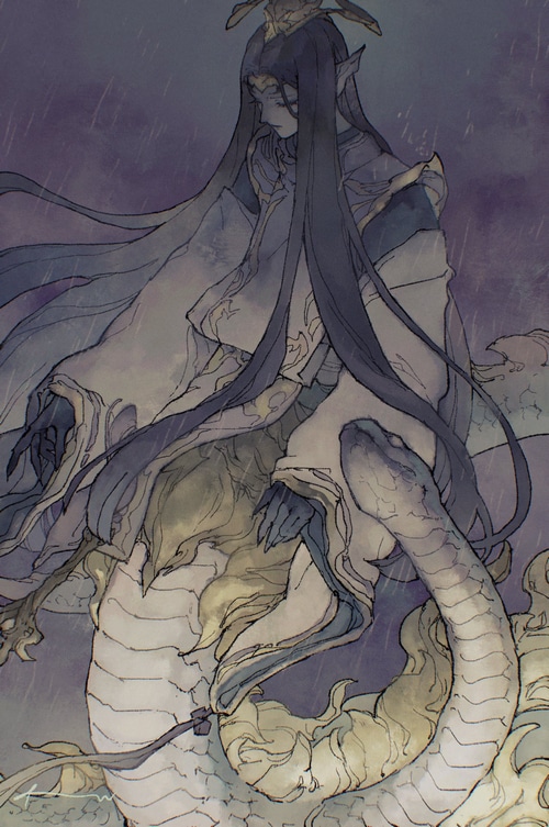Fantasy art of a snake-like being with long hair