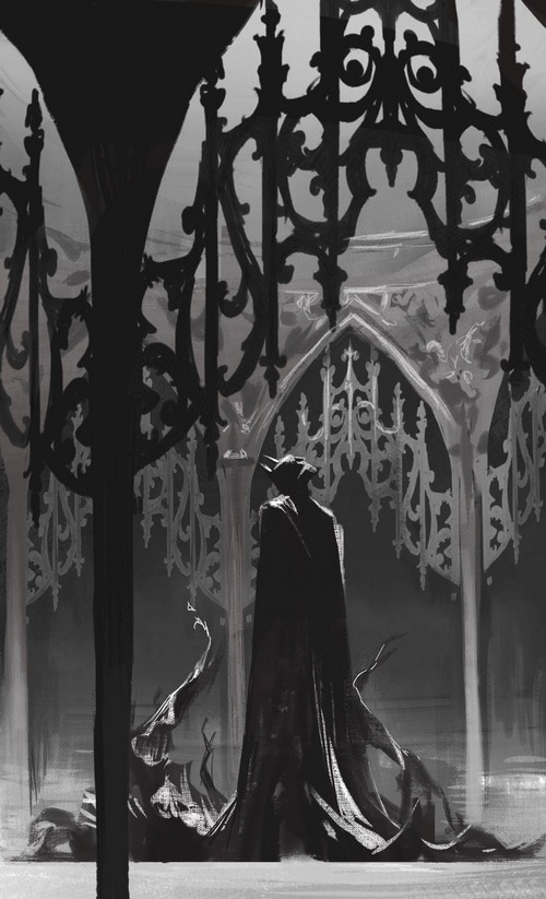 Batman standing in a gothic cathedral