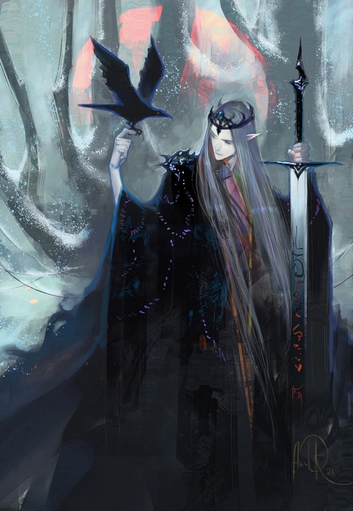 Elven warrior with sword and raven