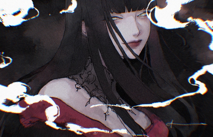 Woman with black hair and pale skin