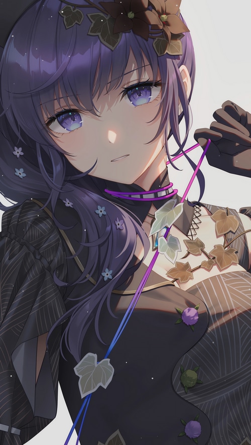 Anime girl with purple hair and flowers in hair