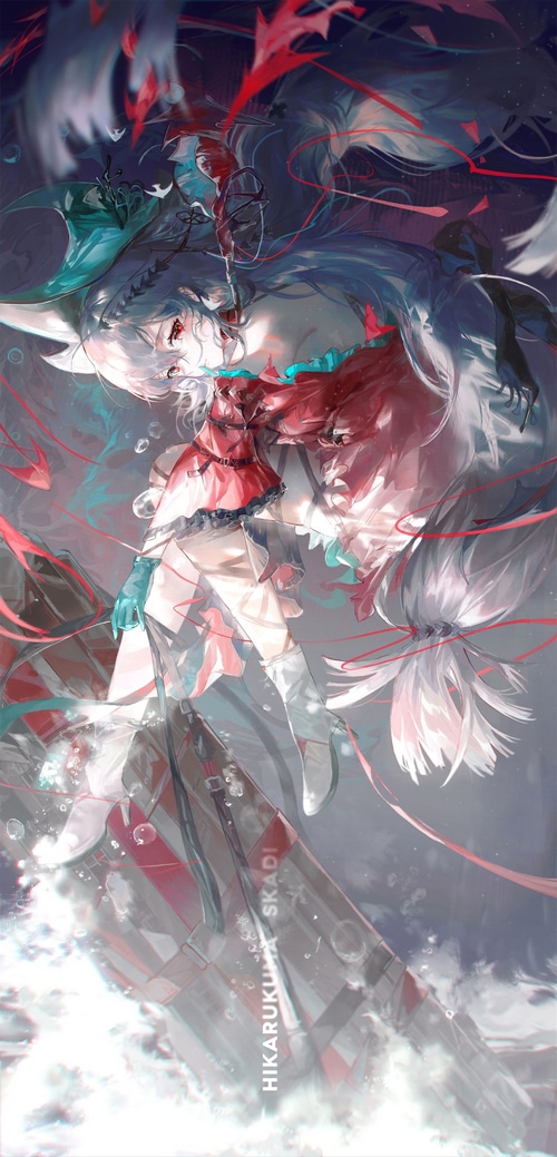 Skadi from Arknights in a red dress and gloves