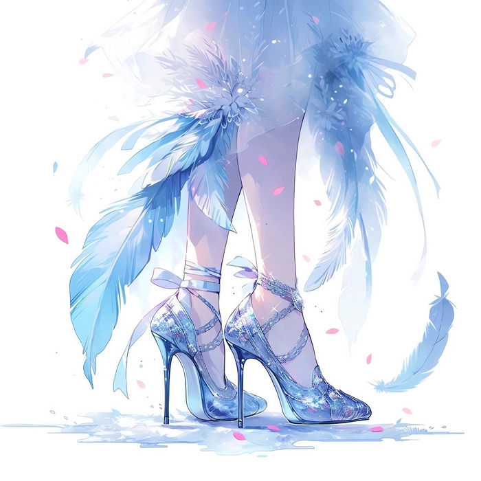 Woman in blue feather dress and sparkling heels