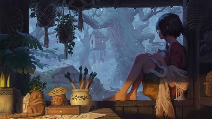Girl with cat watching rain in forest