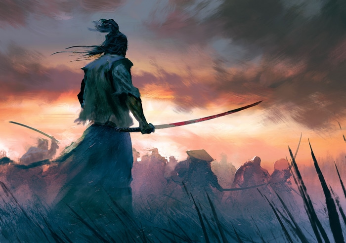 Miyamoto Musashi with bloody katana at sunset