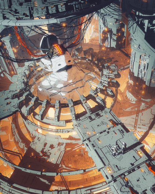 Futuristic Cybernetic Structure with Astronauts