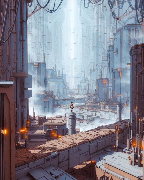 Futuristic city with a lone figure on a platform