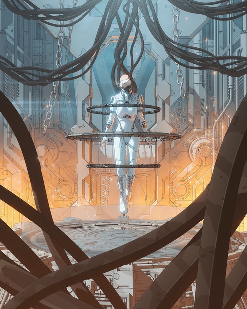 Futuristic android in a high-tech laboratory