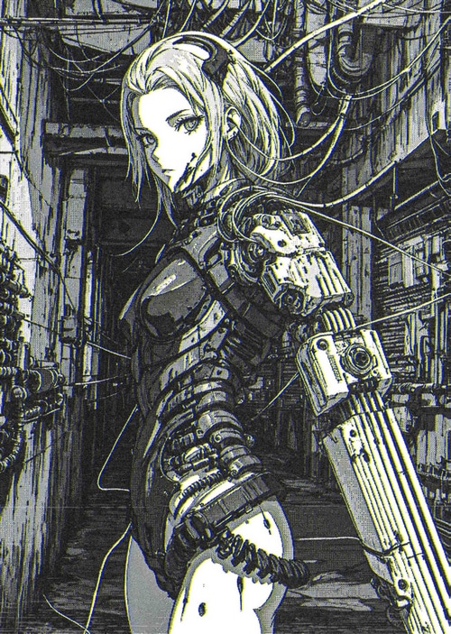 Cyborg with robotic arm in monochrome industrial setting