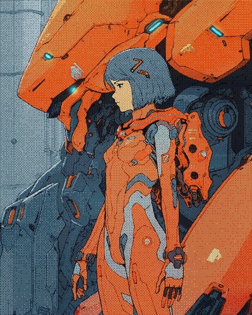 Girl in orange mech suit with large mecha