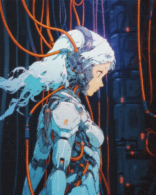 Woman in futuristic robotic suit with cables