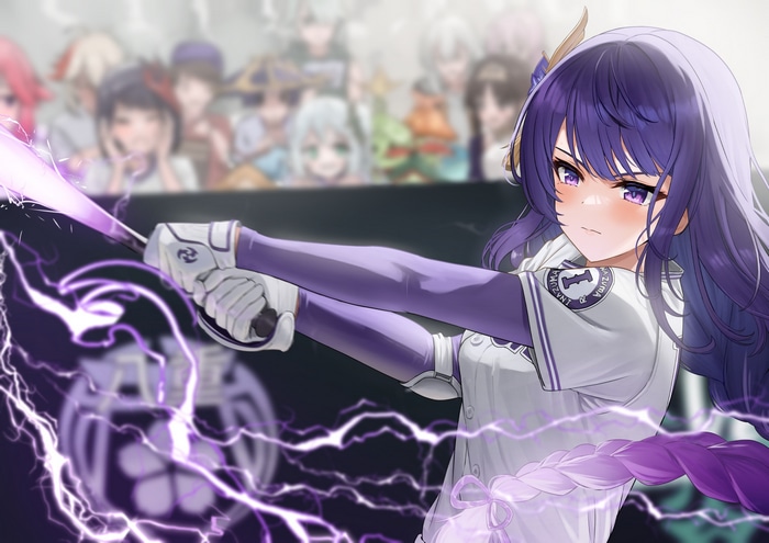 Raiden Shogun in a baseball jersey with lightning