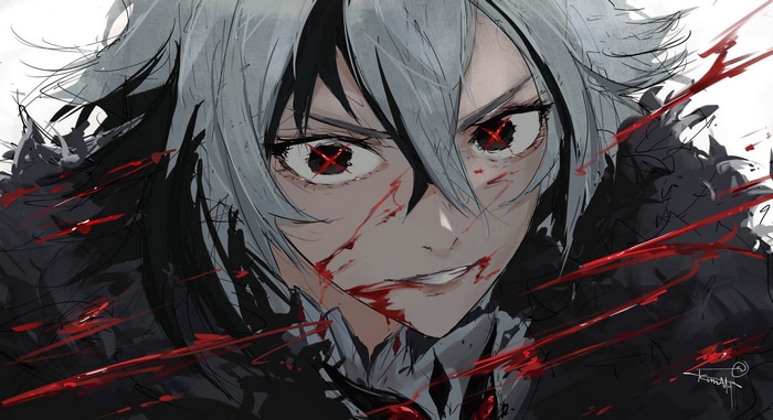 Arlecchino from Genshin Impact covered in blood