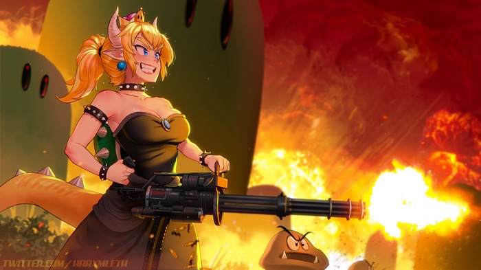 Bowsette firing a minigun with Goombas and fire