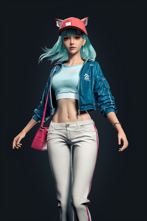 4K, standing, denim jacket, jacket, belly, women, black background ...