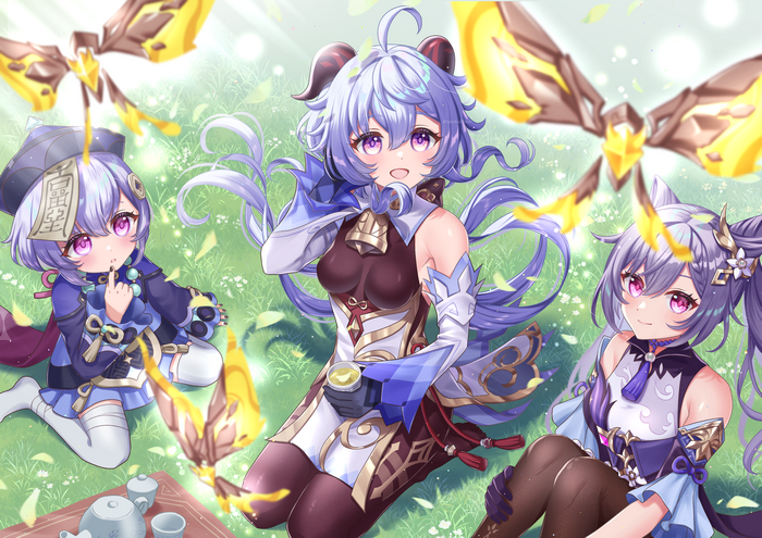 Ganyu, Qiqi, and Keqing having a picnic in Genshin Impact