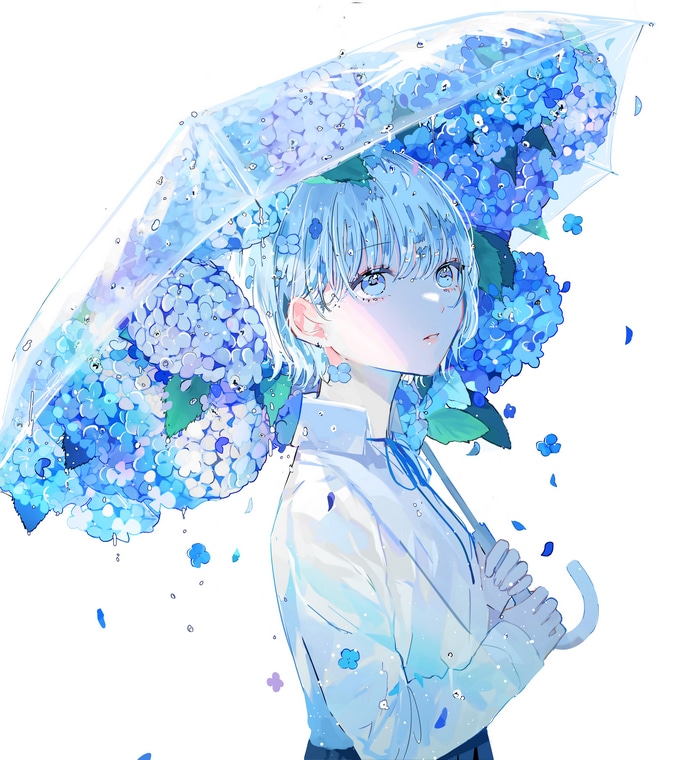 Girl with blue flowers on umbrella