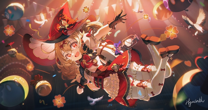 Klee from Genshin Impact with birds and balloons