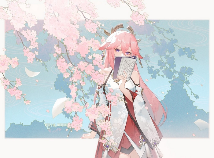 Yae Miko from Genshin Impact reading a book under cherry blossoms