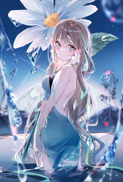 Girl in blue dress with flowers and water drops