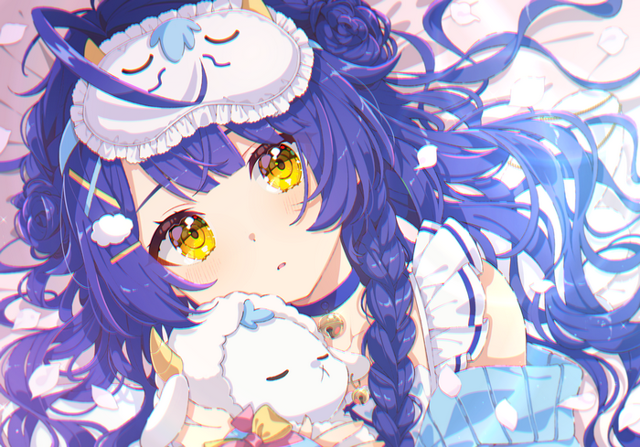 Girl with purple hair and yellow eyes holding a sheep plushie