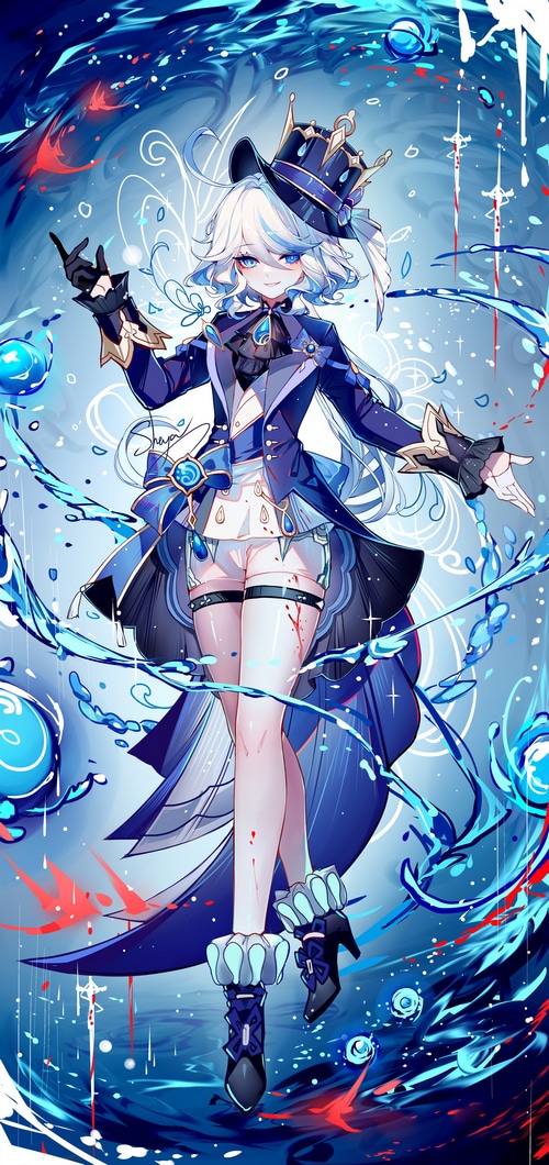Focalors from Genshin Impact with blue hair and hat
