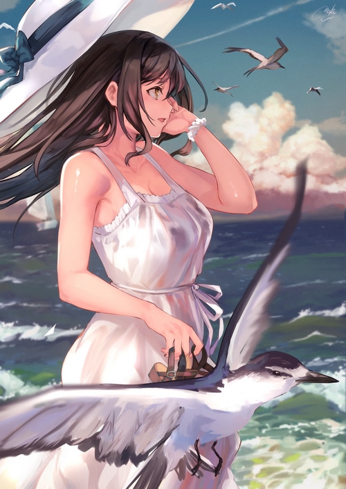 Woman in white dress and hat with seagulls at sea