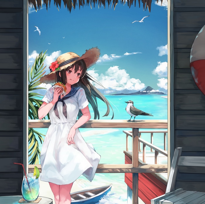 Girl in white dress eating on a tropical balcony