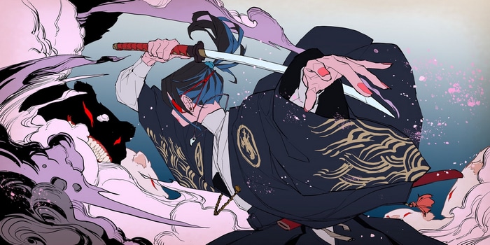 Samurai with Katana fighting a creature