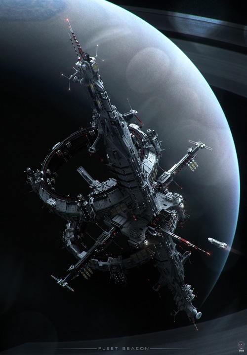 Fleet Beacon space station orbiting a ringed planet