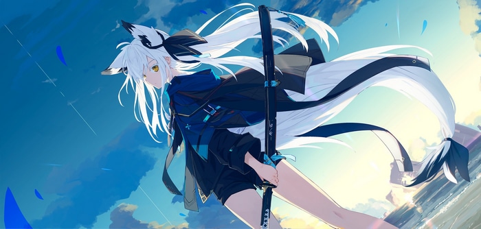 Anime girl with white hair holding a katana