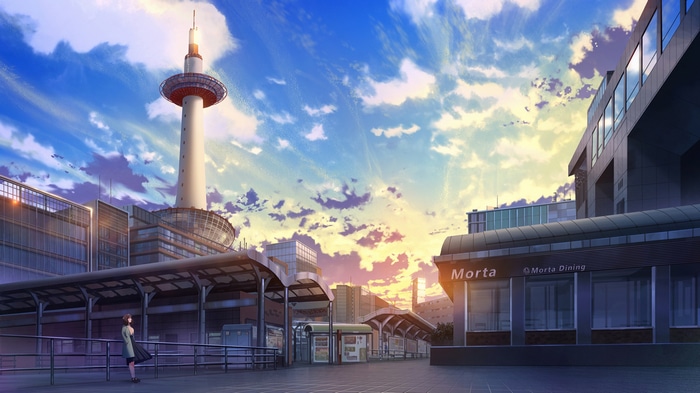 Anime cityscape with tower and sunset sky