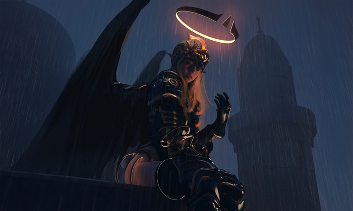 Fantasy angel with wings and halo in the rain