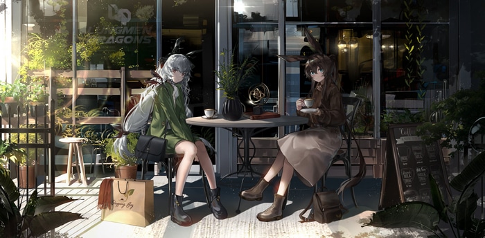 Arknights characters Amiya and another girl at a cafe